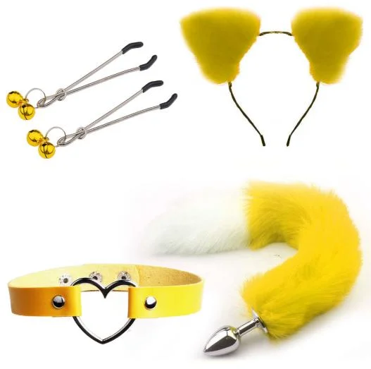 Yellow and White Fox Cosplay 3 PCS Set Hair Clip Furry Anal Tail Plug Fox Tailand Collar Choker Masquerade Halloween Costume Cosplay