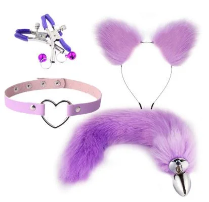 Purple Fox Cosplay 3 PCS Set Hair Clip Furry Anal Tail Plug Fox Tailand Collar Choker Masquerade Halloween Costume Cosplay