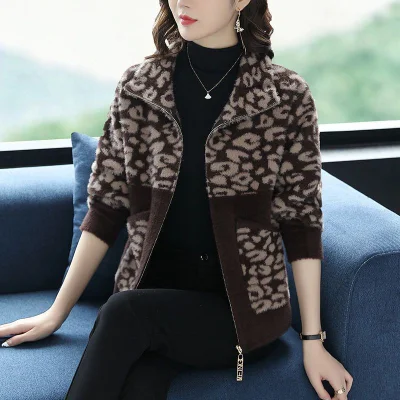 Imitação sable veludo cardigan casaco feminino 2023 inverno nova flip neck camisola camisola vison leopardo zíper casaco feminino