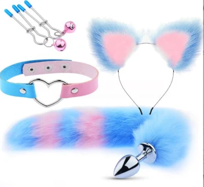 Conjunto de 3 peças de cosplay de raposa rosa e azul, clipe de cabelo peludo, plug anal de raposa, gargantilha com colarinho de raposa, fantasia de Halloween