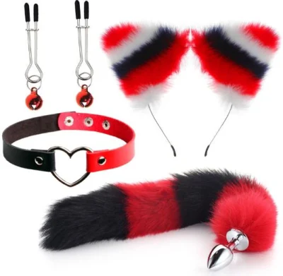 Preto branco e vermelho raposa cosplay 3 pçs conjunto clipe de cabelo peludo anal cauda plug raposa tailand colar gargantilha masquerade traje de halloween cosplay