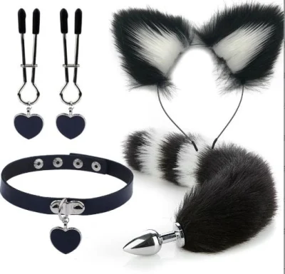 Conjunto de 3 peças de cosplay de raposa branca e preta, clipe de cabelo peludo, plug anal de raposa, gargantilha com colarinho de raposa, fantasia de Halloween, cosplay